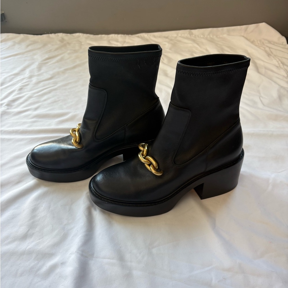 Black Ankle Boots with Gold Chain Detail
